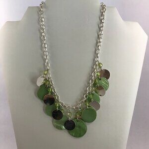 Silver Tone Silver & Green Pearlized Disc Fashion Necklace